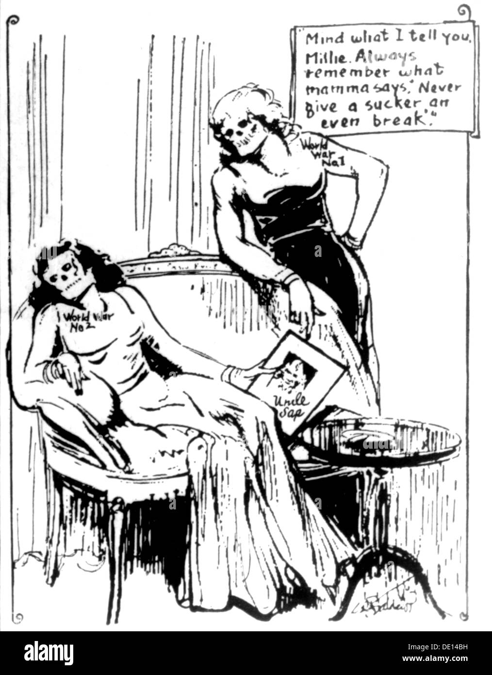 Politica, caricatura, prima e seconda guerra mondiale come morte femminile, disegno, Washington D.C. Times-Herald, 28.2.1947, Additional-Rights-Clearences-Not Available Foto Stock