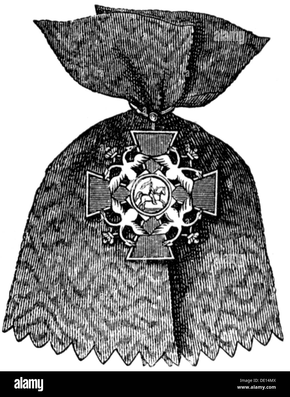 Mezze e decorazioni, Russia, Ordine di Alexander Nevsky, fondata nel 25.5.1725 da Czarina Caterina i di Russia, badge, incisione in legno, II metà del XIX secolo, ordini di merito, ordine di merito, croce, croci, nastro, nastri, impero russo, czardom, tsardom, czarina, tsarina, storico, storico, diritti aggiuntivi-clearences-non disponibili Foto Stock