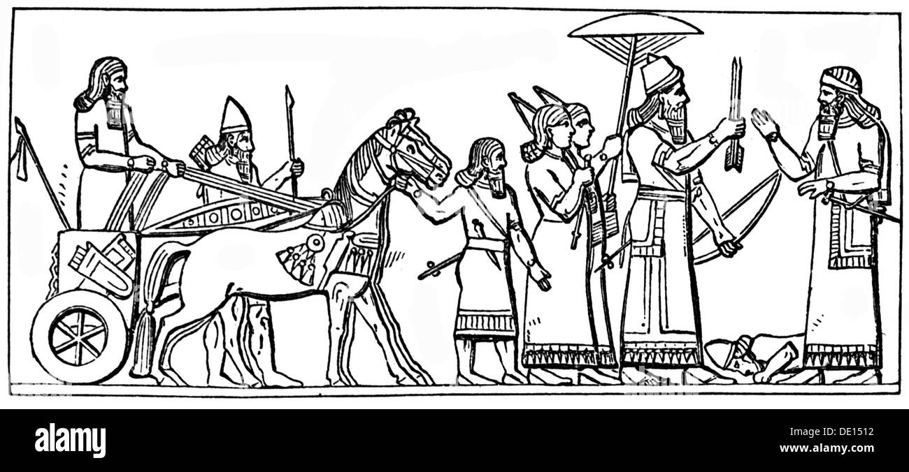 Ashurnasirpal II, re di Assiria 884 - 859 BC, a piena lunghezza e dopo la vittoriosa battaglia, adattato da sollievo da Nimrud, dopo Austen Henry Layard (1817 - 1894), incisione su legno, secolo XIX, artista del diritto d'autore non deve essere cancellata Foto Stock