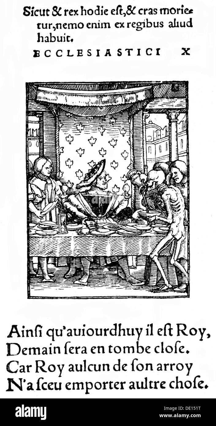 Death Danse Macabre, Death Serving the King, woodcut, della serie 'Der Totentanz' (Danse Macabre), di Hans Holbein il giovane (1497 / 1498 - 1543), 1526, Additional-Rights-Clearences-Not Available Foto Stock