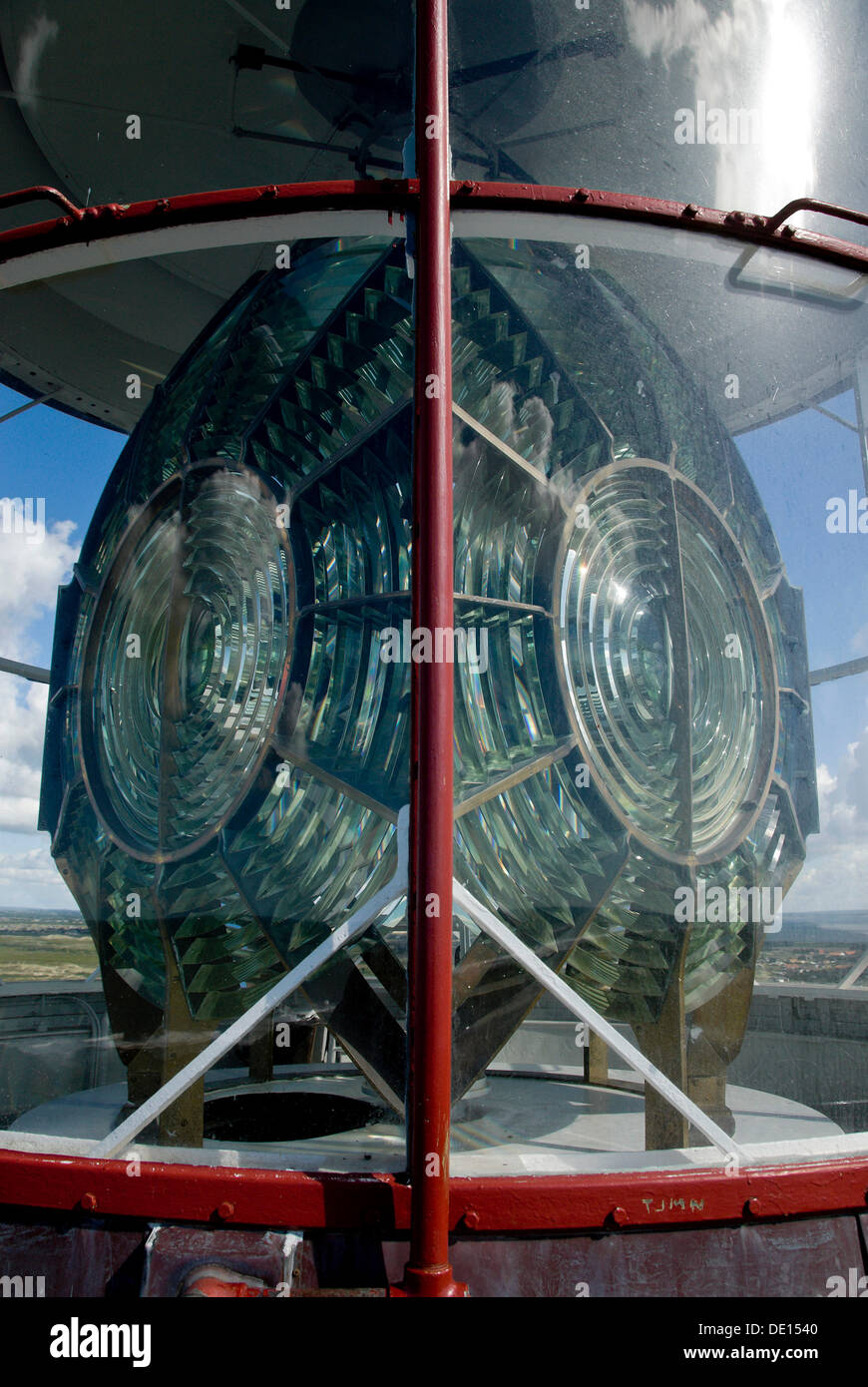 Lente di Fresnel in faro in Nørre Lyngvig, Hvide Sande, nello Jutland, Danimarca, Europa Foto Stock