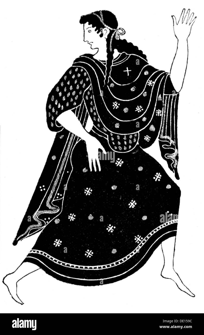 Moda, mondo antico, Grecia, abbigliamento arcaico da donna, incisione in legno, su: Hugo Blümner, 'Leben und Sitten der Griechen', Lipsia - Praga, 1887, diritti-aggiuntivi-clearences-non disponibili Foto Stock