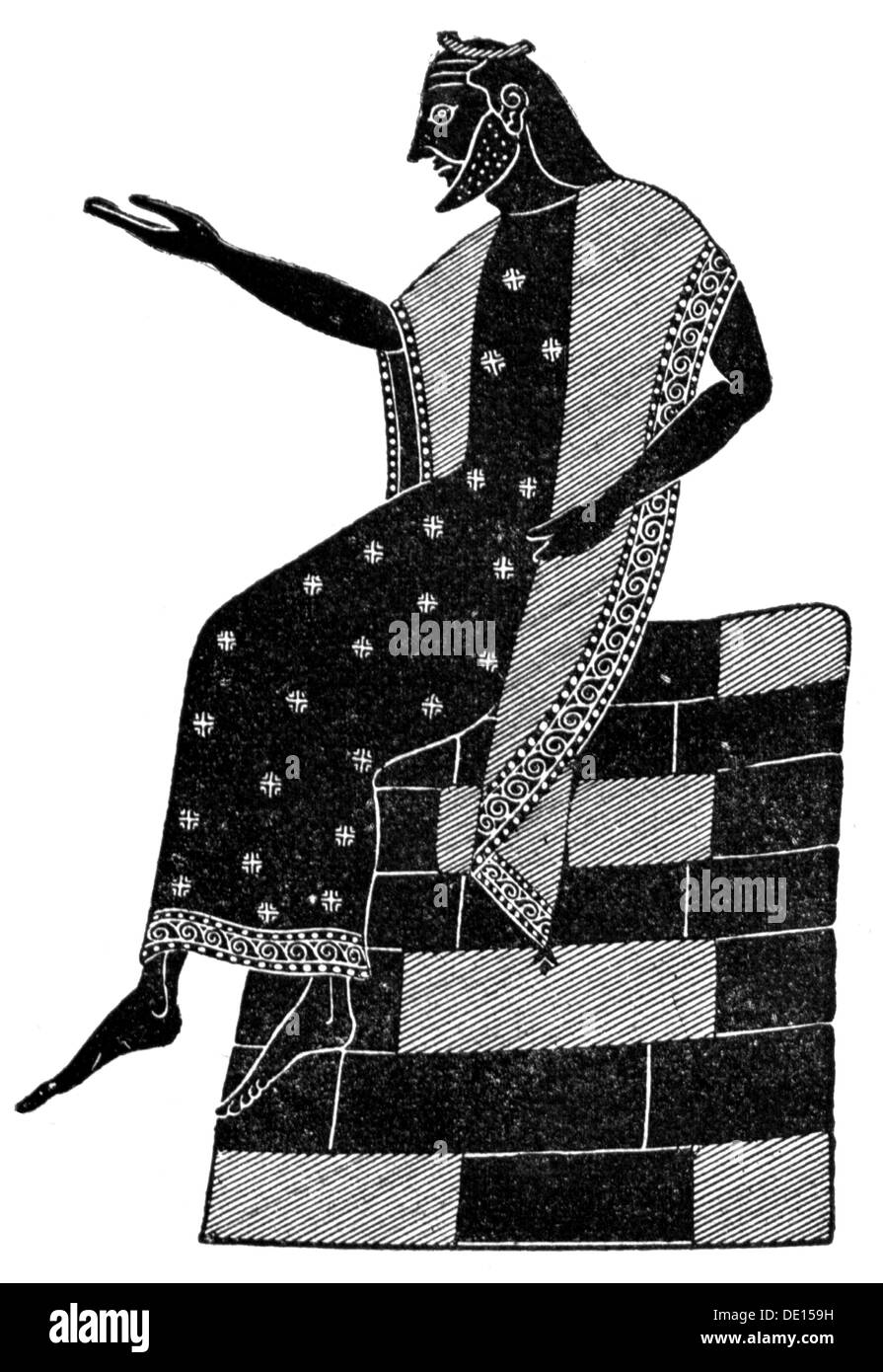Moda, mondo antico, Grecia, abbigliamento arcaico maschile, incisione in legno, su: Hugo Blümner, 'Leben und Sitten der Griechen', Lipsia - Praga, 1887, diritti-aggiuntivi-clearences-non disponibili Foto Stock