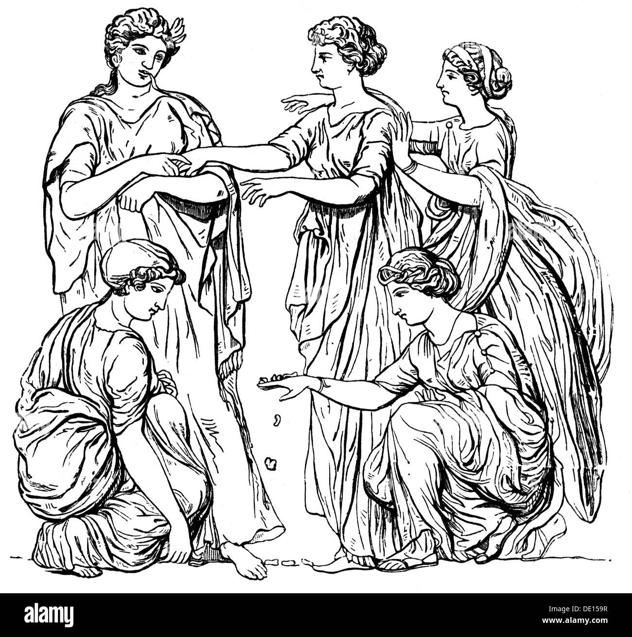 Gioco,dadi,donne che giocano astralagoi,dopo la pittura di Alexander  l'ateniano,incisione in legno,XIX secolo,XIX secolo,mondo antico,tempi  antichi,periodo ellenistico,belle arti,arte,Impero romano,Roma,mezza  lunghezza,in piedi,ginocchia,inginocchiarsi ...