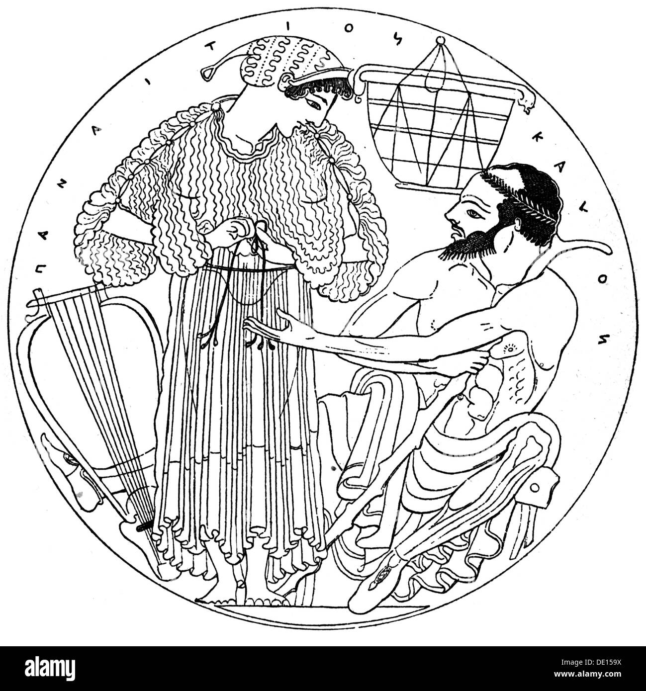 Moda, mondo antico, Grecia, abbigliamento maschile e femminile, V secolo a.C., incisione in legno, su: Hugo Blümner, 'Leben und Sitten der Griechen', Lipsia - Praga, 1887, diritti aggiuntivi-clearences-non disponibili Foto Stock