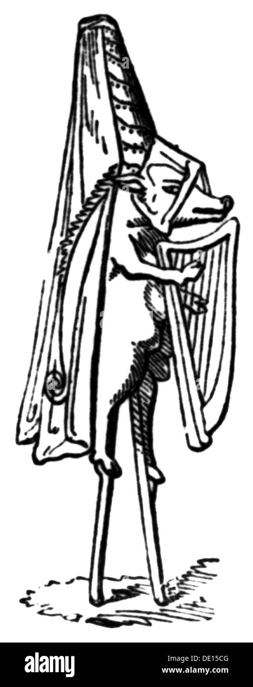 Moda, Medioevo, follie di moda, disegno, Inghilterra, 14 ° secolo, 14 ° secolo, grafica, grafica, caricature, caricature, umorismo, umorismo, satira, vestiti, abiti, abiti, capo, cappelli, cappello, cappelli, velo, veli, animale, animali, arpa, arpe, strumento musicale, strumenti musicali, strumenti, lunghezza intera, standing, stilt, moda storica, follia, moda medievale Diritti-aggiuntivi-clearences-non-disponibili Foto Stock