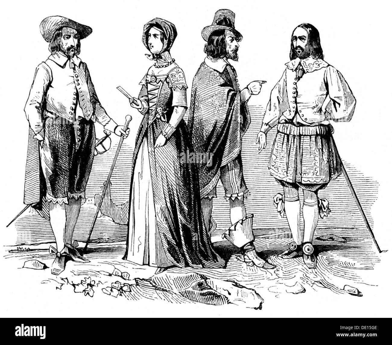 Moda, 17 ° secolo, vestiti del tempo di re Carlo II, Inghilterra, seconda  metà 17 ° secolo, incisione in legno, 19 ° secolo, 17 ° secolo, 19 °  secolo, grafica, vestiti, abiti,
