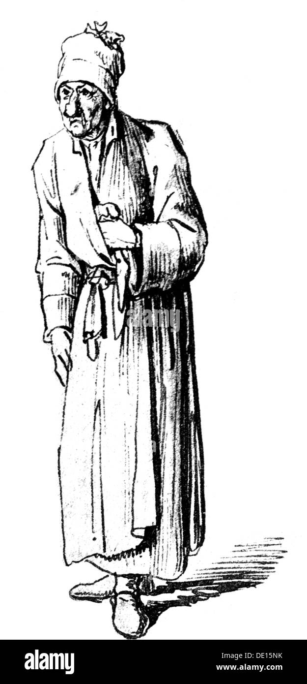 Moda, capo, berretto, mercantile Venozobre in abito da vestirsi, disegno, grafica, grafica, caricature, caricature, umorismo, umorismo, satira, lunghezza intera, in piedi, clipping, ritagliato, ritagliato, ritagliato, sfinestrature, cappotto, vestaglia, vestaglia, vestaglia, copricapo, mercanti, houblinds storici, non-uomini, diritti aggiuntivi Foto Stock