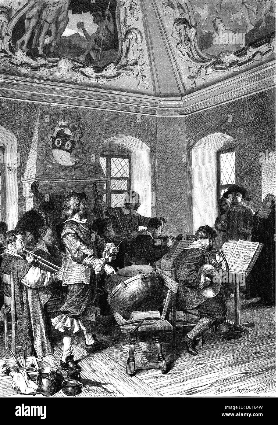 Musica, concerti, concerto nel padiglione del giardino, incisione in legno di Capri, 1869, dopo illustrazione di Anton von Werner a 'il Trumpeter di Saeckingen' di Joseph Victor von Scheffel, 1860, diritti aggiuntivi-clearences-non disponibile Foto Stock