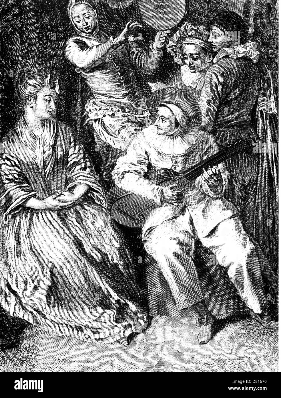 Musica, musicista, chitarrista, incisione su rame da Jean-Baptiste Scotin dopo la verniciatura 'Italian serenade" da Antoine Watteau, circa 1716, artista del diritto d'autore non deve essere cancellata Foto Stock