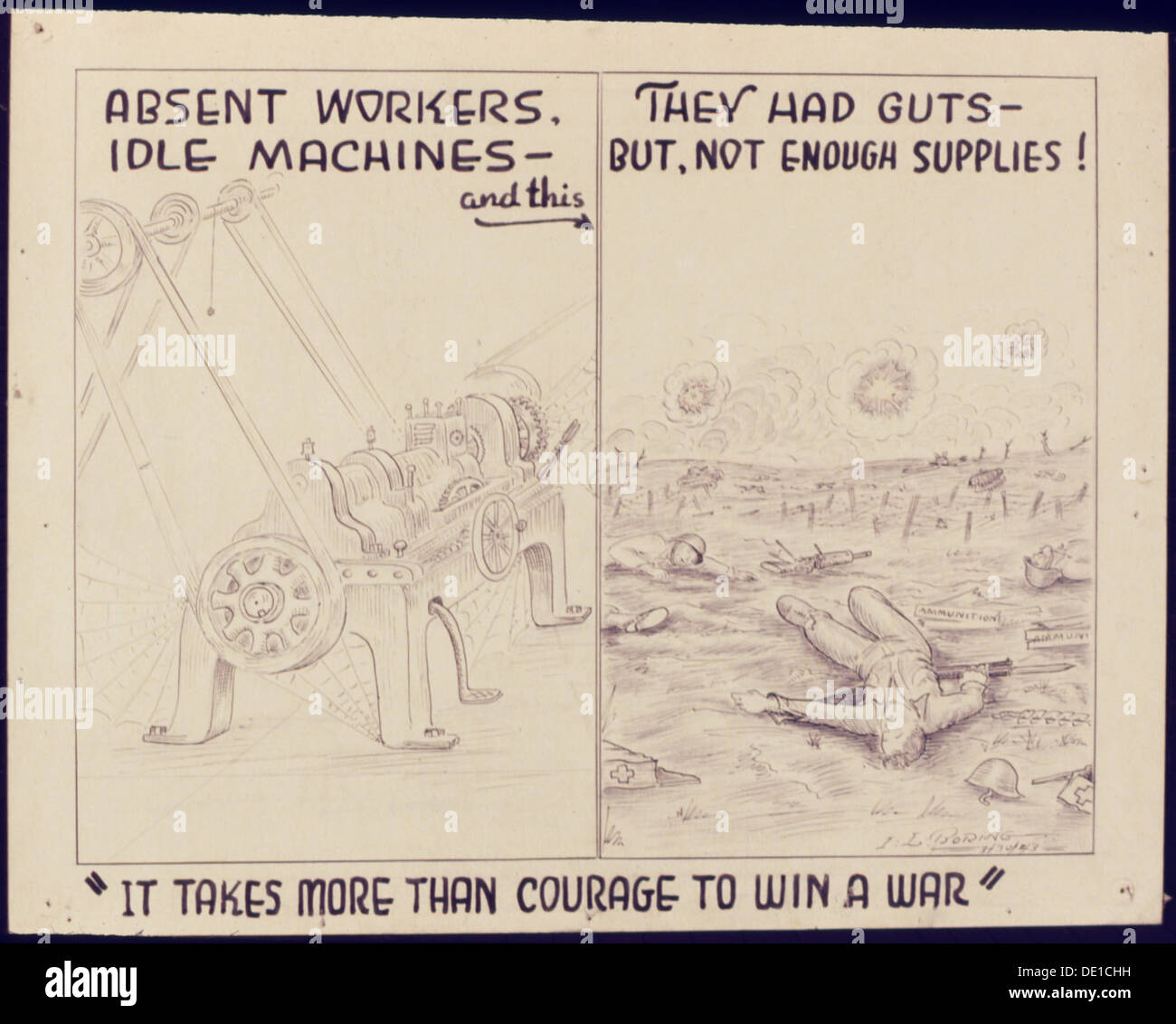 Questo poster americano della seconda guerra mondiale mostra che il coraggio da solo non basta per la vittoria, sottolineando la necessità di disciplina, pianificazione e lavoro di squadra nello sforzo bellico. Foto Stock