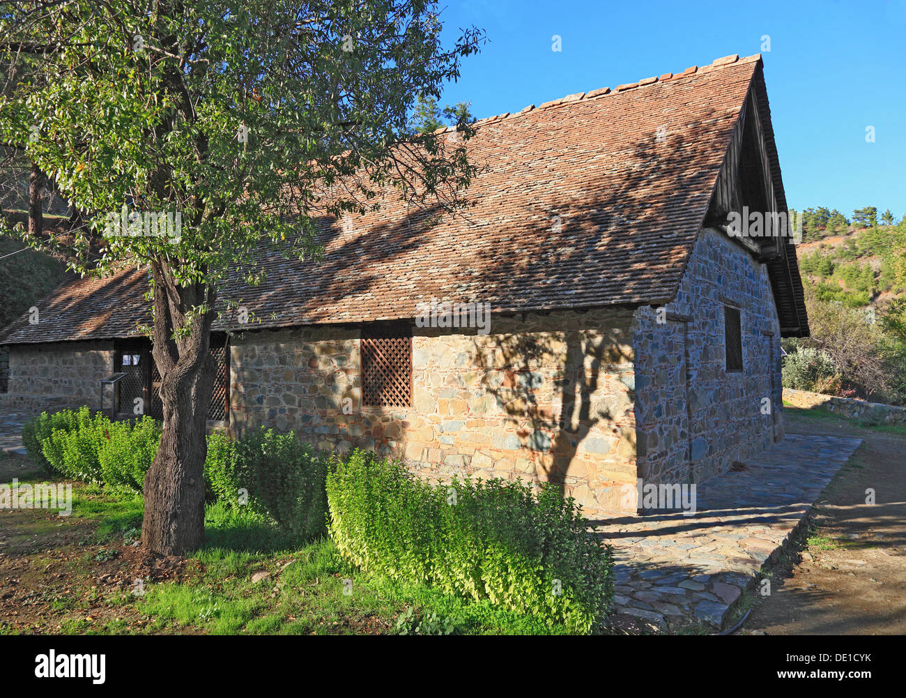 Cipro, la regione Pitsylia, Monti Troodos, Platanistasa, granaio tetto chiesa, cappella di Stavros tou Agiasmati, Unesco Foto Stock