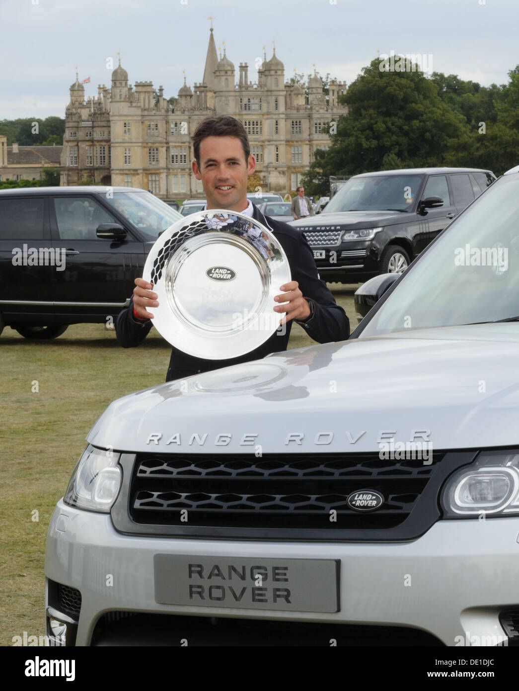 Il neozelandese Jonathan "Jock' Paget con il Land Rover Trophy di fronte Burghley House, Burghley Horse Trials 2013 Foto Stock