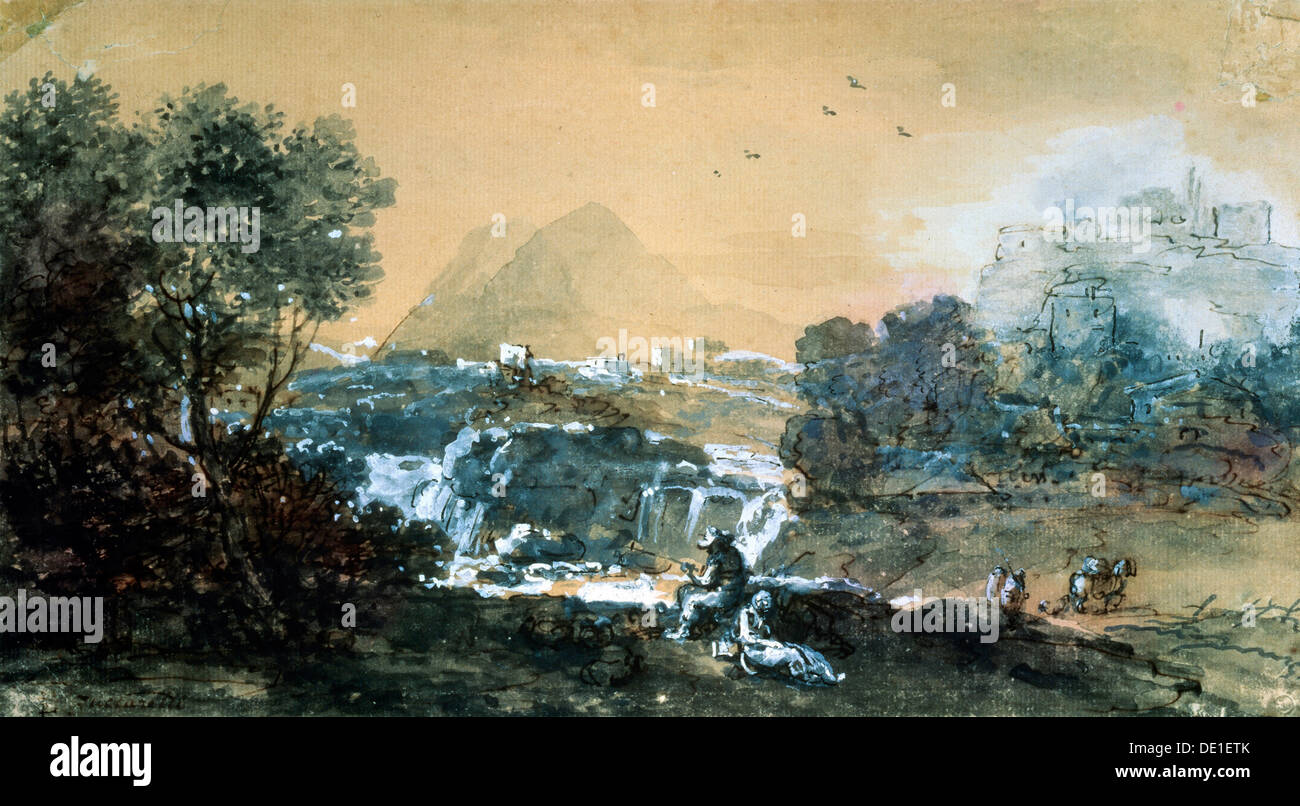 'Paesaggio con una cascata', la pittura italiana del XVIII secolo. Artista: Francesco Zuccarelli Foto Stock