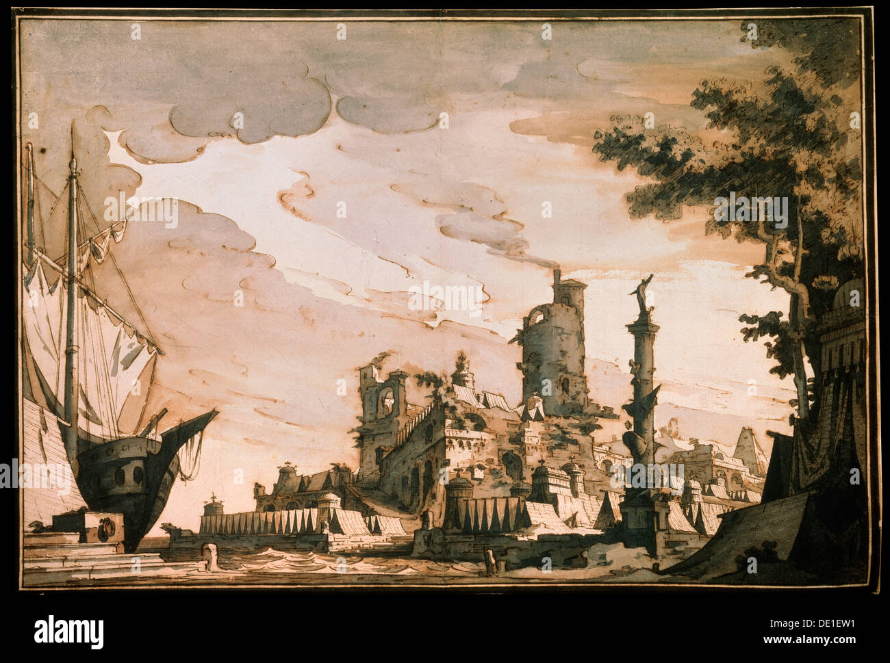 'Sea Harbour, la fase di progettazione di un gioco teatrale", 1818. Artista: Pietro Gonzaga Foto Stock