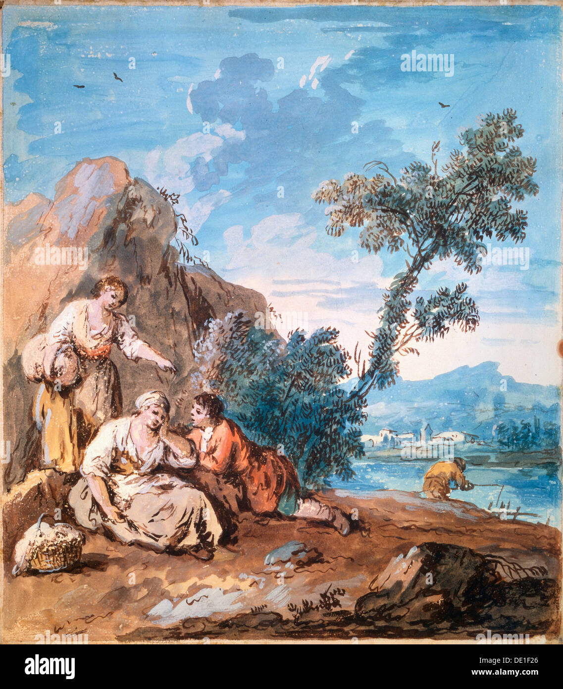 "Tre contadini in appoggio su una riva di un fiume', C1750. Artista: Giuseppe Zais Foto Stock