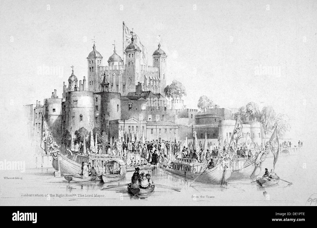 Lord Mayor Thomas Johnson e il suo entourage di imbarcarsi dalla Torre di Londra, 1840. Artista: William Parrott Foto Stock