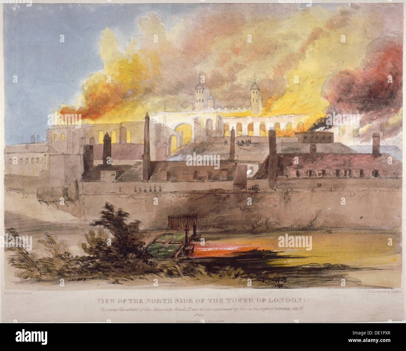 Incendio presso l' Armeria nella Torre di Londra, 30 ottobre 1841. Artista: Thomas Colman Dibdin Foto Stock