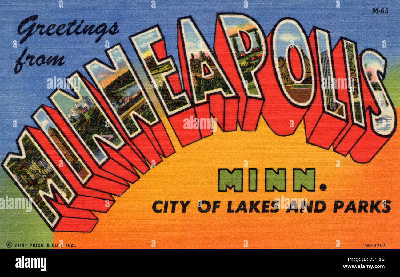 "Saluti da Minneapolis, Minnesota, città di parchi e laghi", cartolina, 1950. Artista: sconosciuto Foto Stock