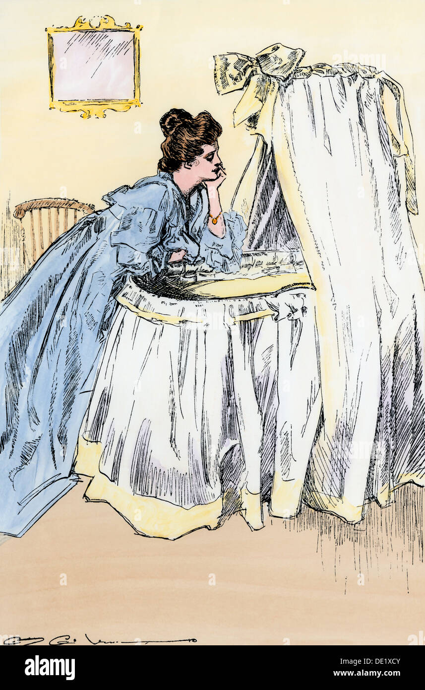Giovane madre in un bene-a-fare uso domestico, circa 1900. Colorate a mano la xilografia di Charles Dana Gibson illustrazione Foto Stock