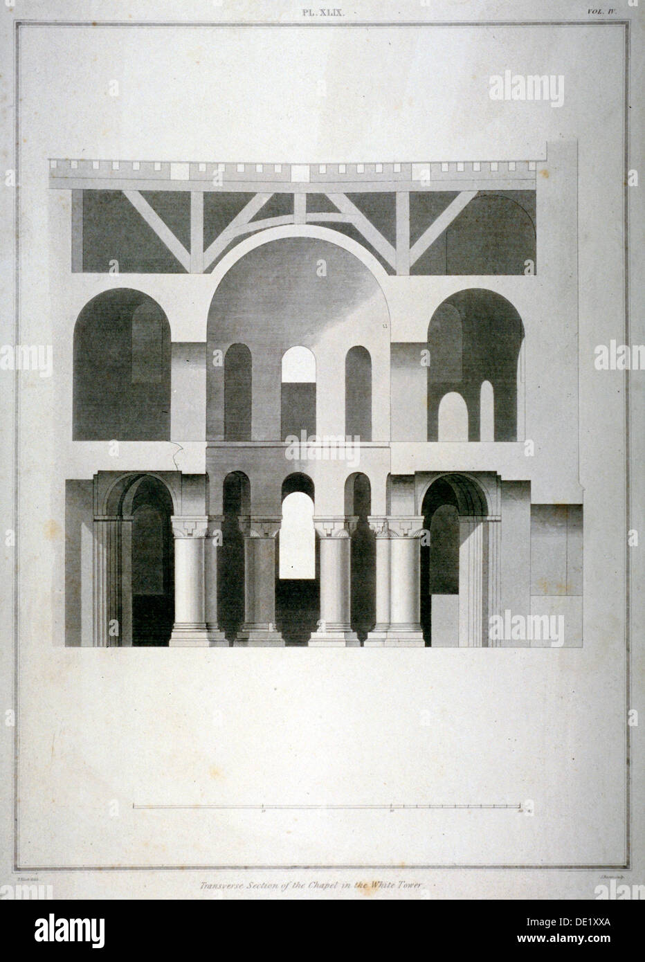 Sezione trasversale di St John's cappella nella Torre Bianca, la Torre di Londra, 1815. Artista: James Basire II Foto Stock