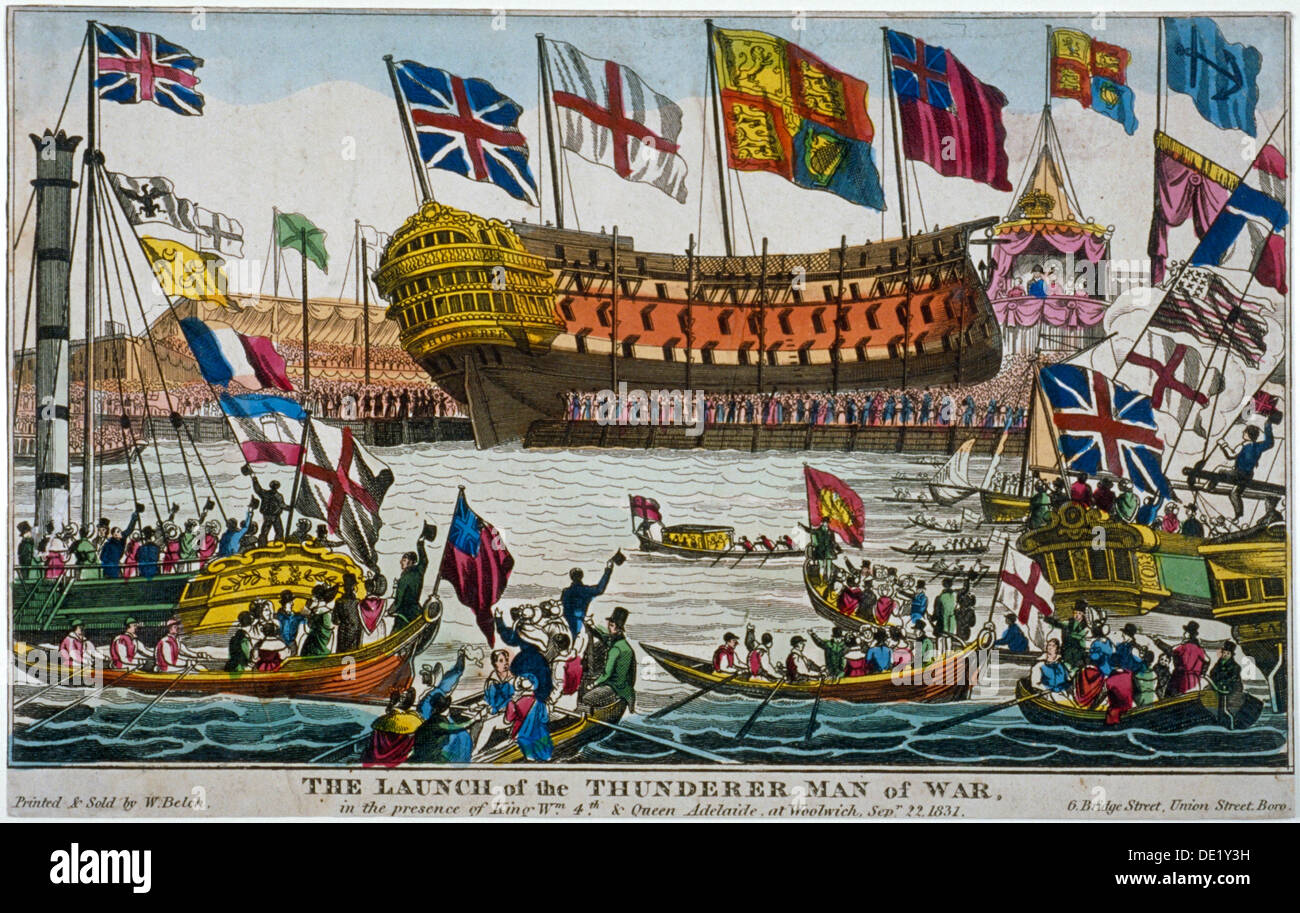 Lancio di "HMS Thunderer', Woolwich Royal Dockyard, Kent, 1831. Artista: Anon Foto Stock