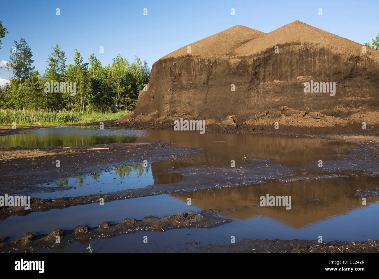 Tumulo di topsoil in una buca di sabbia commerciale dopo una pioggia pesante, Quebec, Canada Foto Stock
