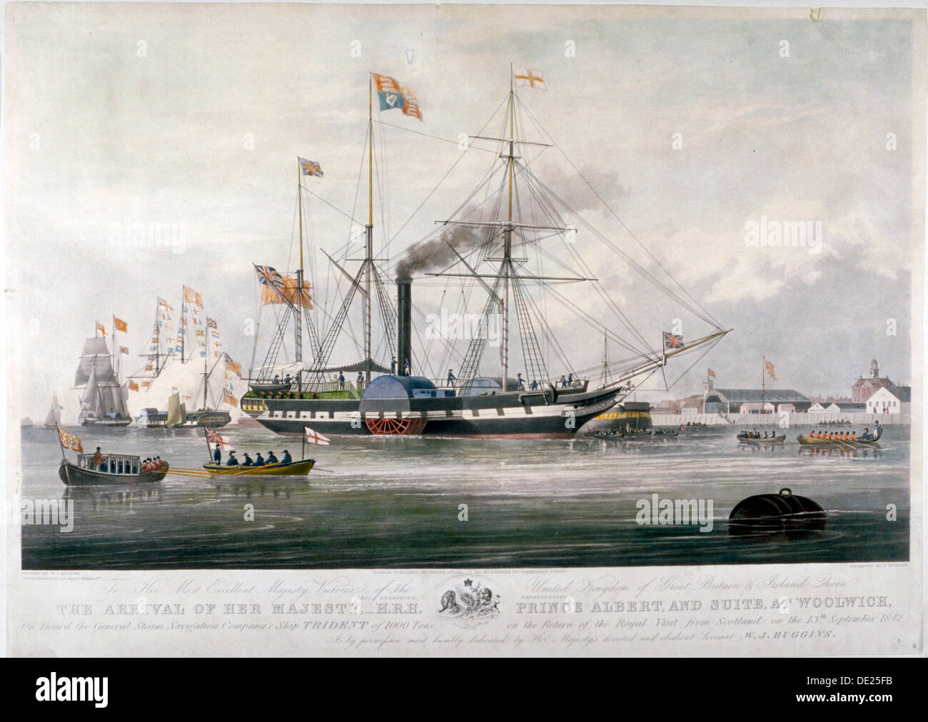 La regina Vittoria e il Principe Alberto di arrivare al Royal Dockyard, Woolwich, Kent, 1843. Artista: E Duncan Foto Stock