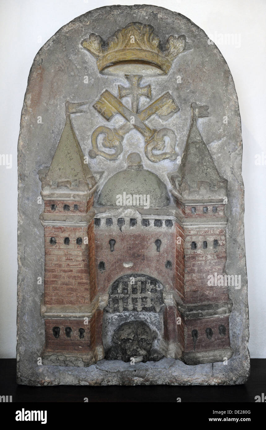 Bassorilievo in pietra con Riga grande stemma. Artista sconosciuto. Seconda metà del XVII secolo. Foto Stock