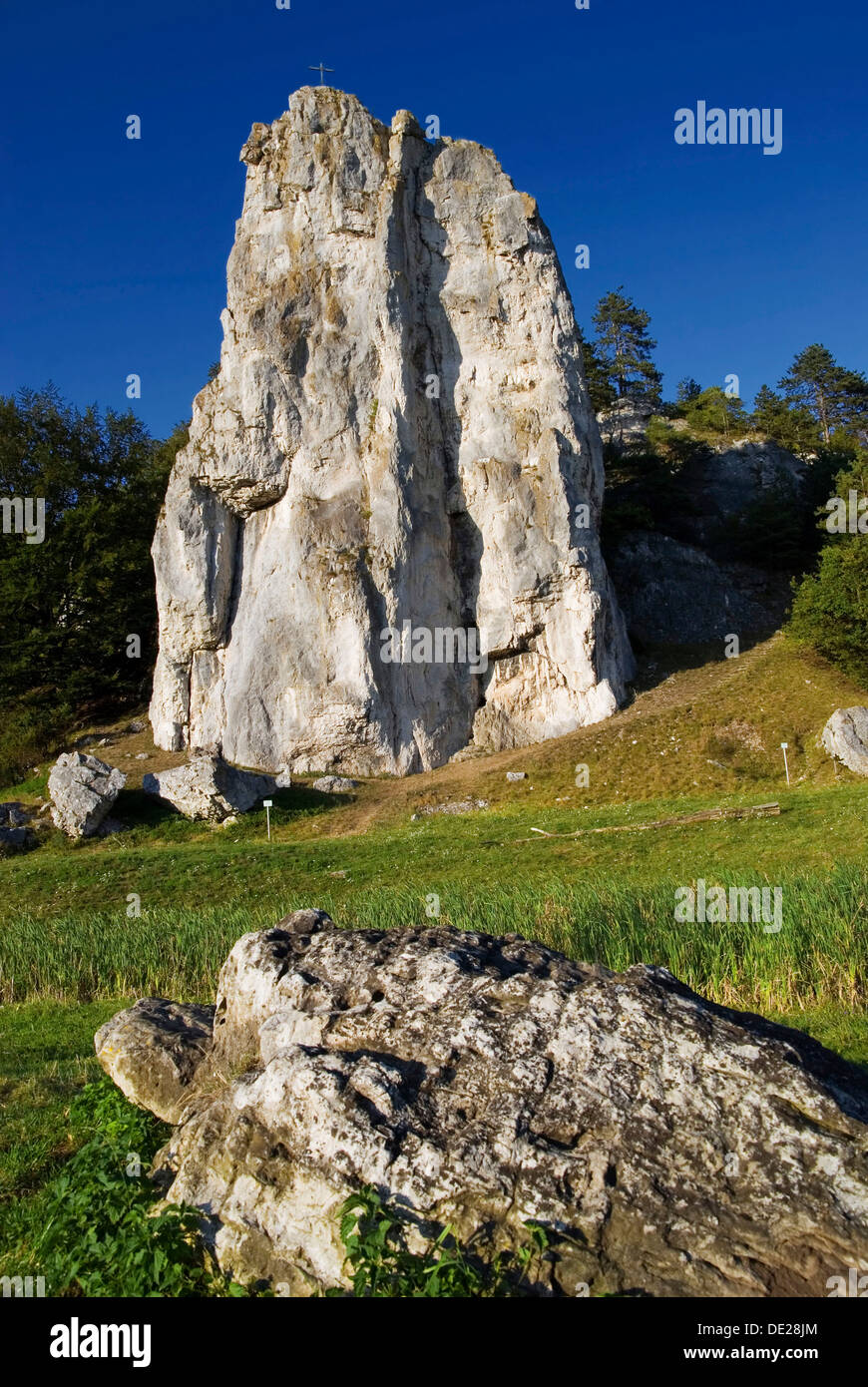 Gli alpinisti paradiso della natura e avventura Burgsteinfelsen, formazione di roccia, Altmuehltal, vicino Dollnstein, Bavaria Foto Stock