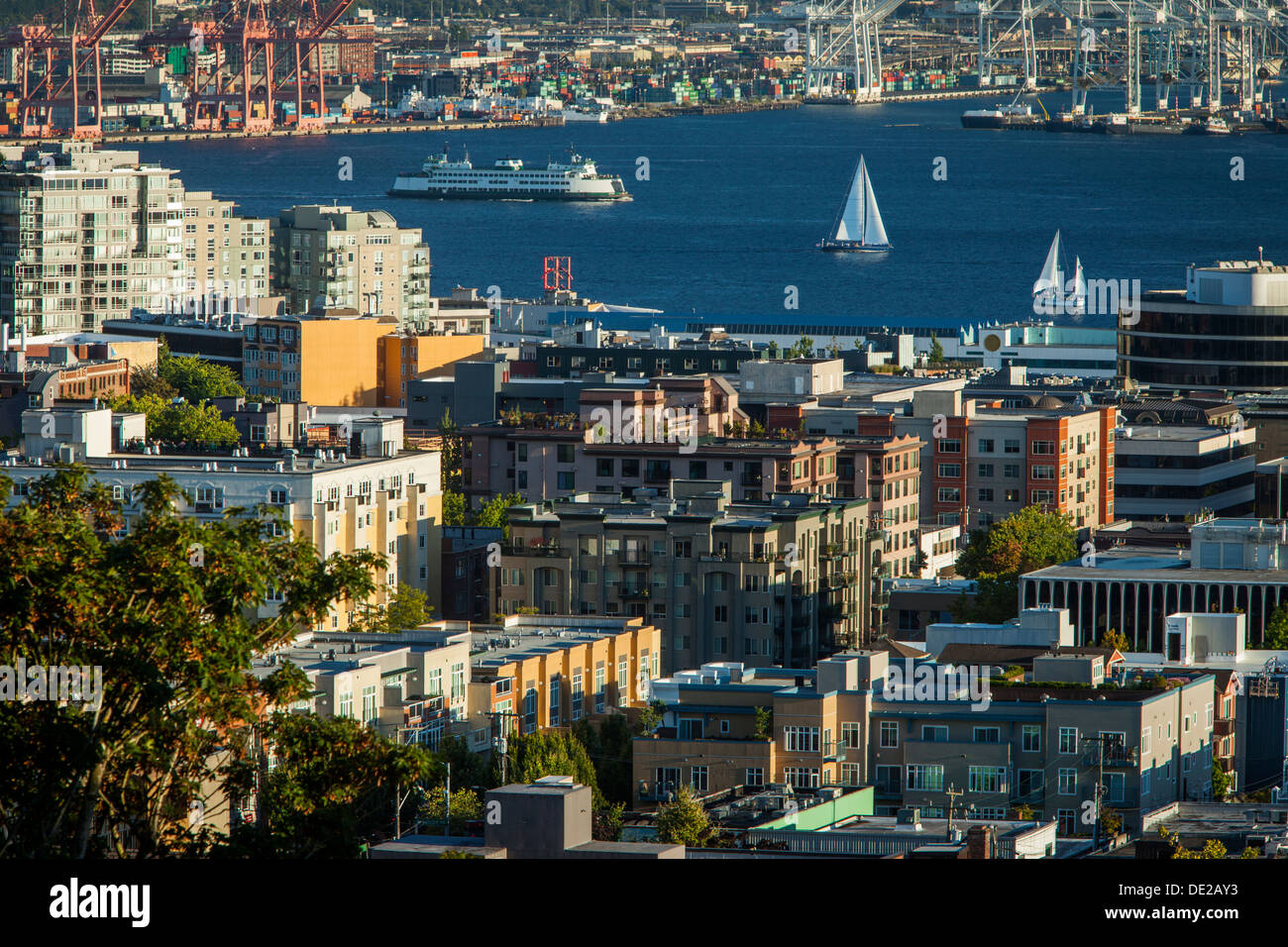 Traghetti e imbarcazioni a vela in Puget Sound con edifici di Seattle Washington, Stati Uniti d'America Foto Stock