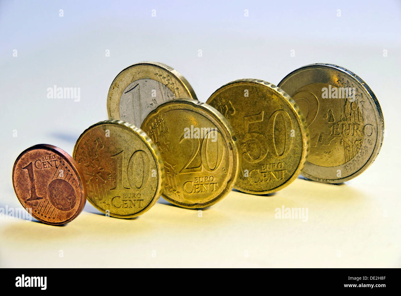 Le monete in euro, 1 cent, 10 cent, 20 cent, 50 cent, 1 euro e 2 euro Foto Stock