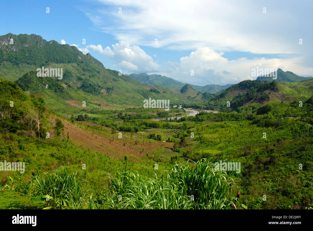 Paesaggio verde con valli e montagne, Nam Ou river a Ban Houay Kan, Luang Prabang provincia, Laos, Asia sud-orientale, Asia Foto Stock