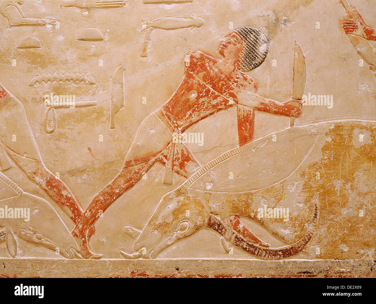 Un rilievo nella tomba della Principessa Sesh-seshet Idut presso Saqqara raffigurante il casernement di buoi. Foto Stock