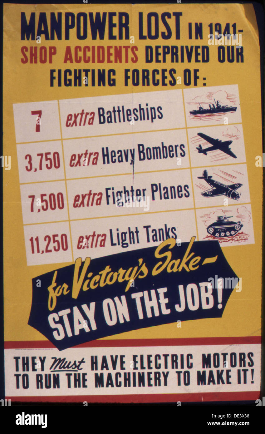Questo manifesto propagandistico della seconda guerra mondiale esorta i lavoratori a rimanere sul posto di lavoro ed evitare qualsiasi carenza di manodopera che potrebbe ostacolare la produzione bellica. Sottolinea l'importanza di mantenere la forza lavoro per garantire il successo militare. Foto Stock
