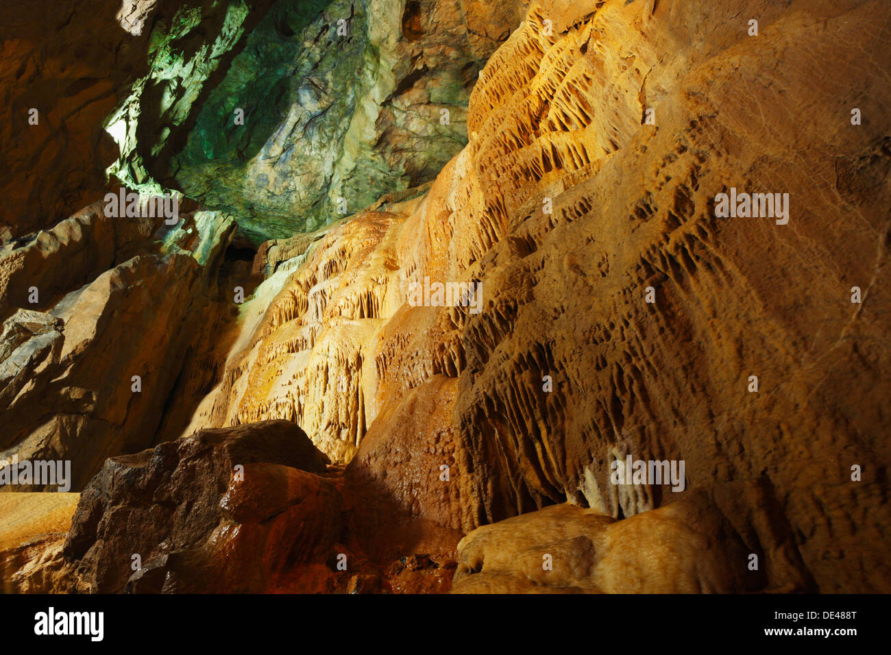 Dettaglio delle formazioni rocciose in Gough Cave. Cheddar Gorge grotte. Somerset. In Inghilterra. Regno Unito. Foto Stock