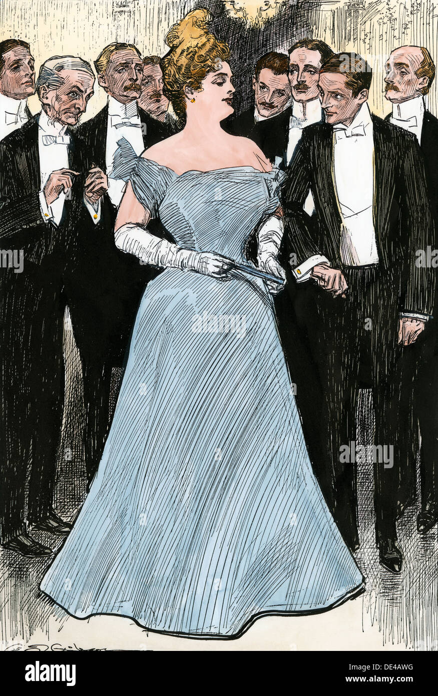 La società donna nel suo 'estate indiana,' scortato in una stanza di circa 1900. Colorate a mano la xilografia di Charles Dana Gibson illustrazione Foto Stock