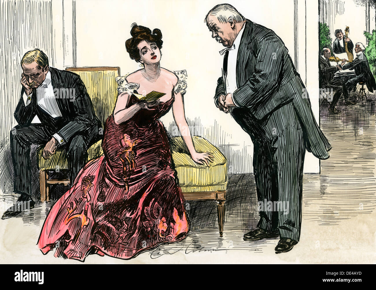 La donna che rifiuta un corteggiatore della richiesta di un ballo, 1890s. Colorate a mano la xilografia di Charles Dana Gibson illustrazione Foto Stock