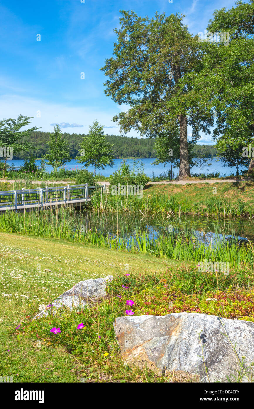 Parco verde in riva al lago. Estate scandinava. Foto Stock