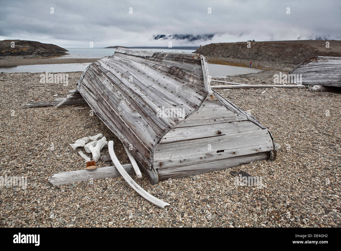 Vecchia barca in legno, isola Spitsbergen, Svalbard, Norvegia Foto Stock