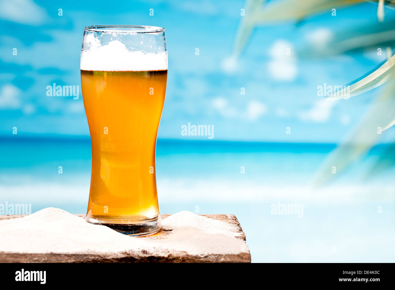 birra in spiaggia Foto Stock