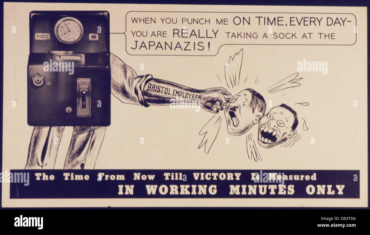 Questo poster propagandistico dell'era della seconda guerra mondiale utilizza una metafora a "punch card" per incoraggiare i lavoratori a contribuire allo sforzo bellico, essendo puntuali ed efficienti. Il messaggio sottolinea l'importanza di ogni contributo alla vittoria. Foto Stock