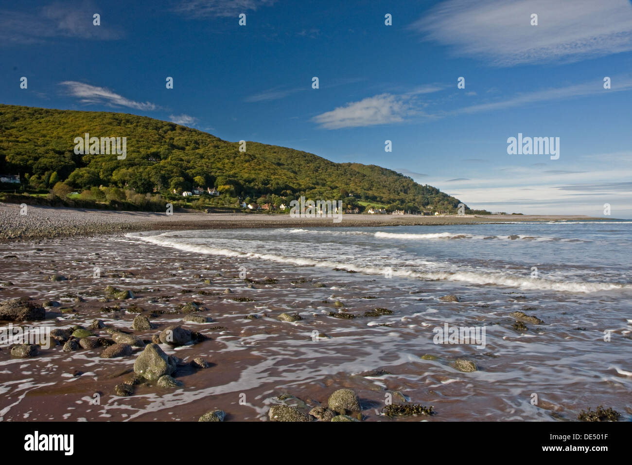 Spiaggia di Porlock mostra pietrificati resti della vecchia foresta ora sommersa, Exmoor, Somerset, Inghilterra, Regno Unito Foto Stock