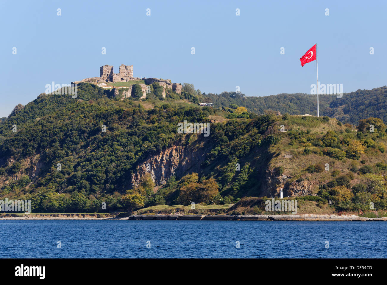 Vista dal Bosforo verso il castello genovese o Yoros Kalesi, sul Bosforo, Anadolu Kavagi, Istanbul, parte asiatica Foto Stock