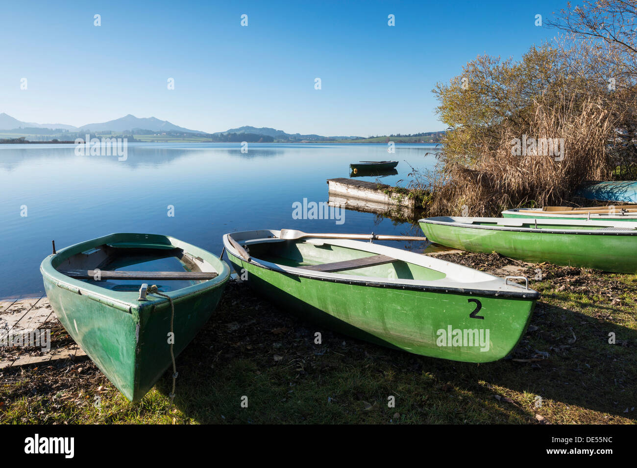 Barche a remi sulla riva del Lago Hopfensee vicino a Füssen, Ostallgaeu regione, Allgaeu, Bavaria Foto Stock