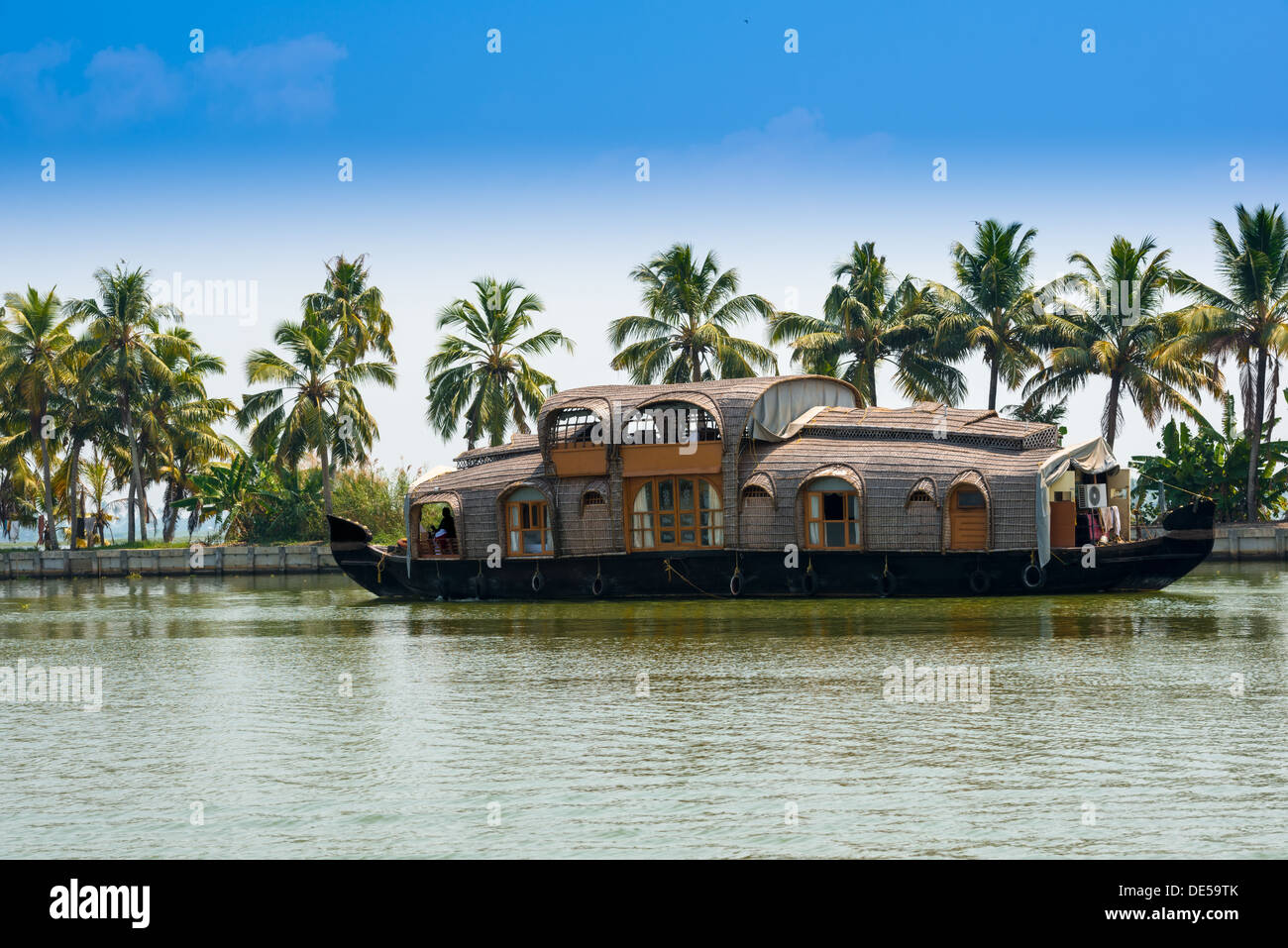 Bellissimo paesaggio con la riflessione houseboat in kerala backwaters, India Foto Stock