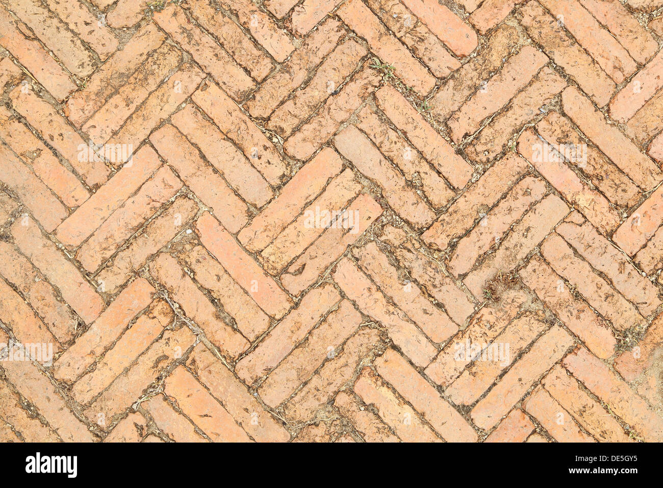 Vecchio rosso mattone pietre per pavimentazione su un marciapiede Foto Stock