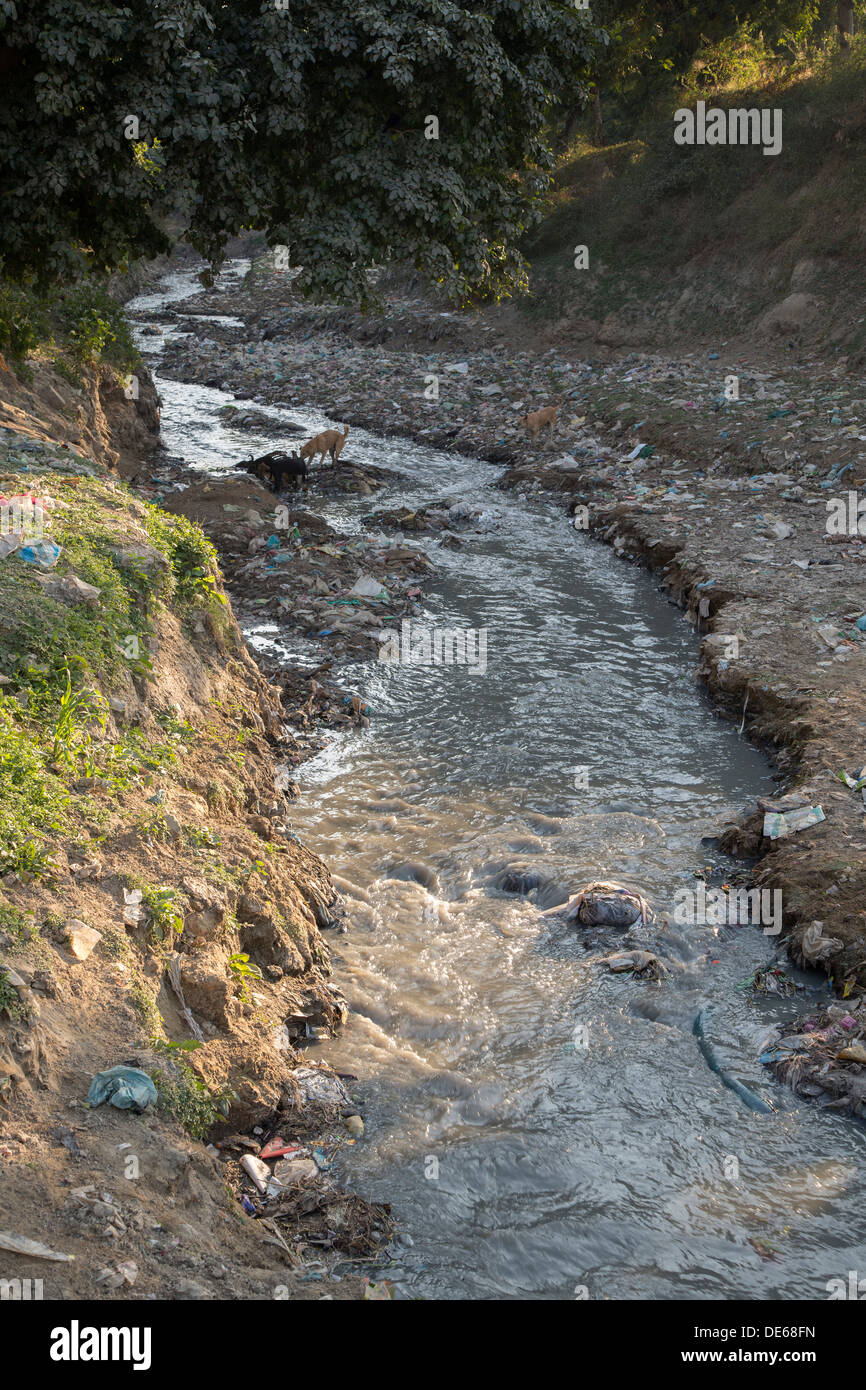 India, Uttar Pradesh, Agra, inquinamento nella corrente che fluisce nel fiume Yamuna al Taj Mahal Foto Stock