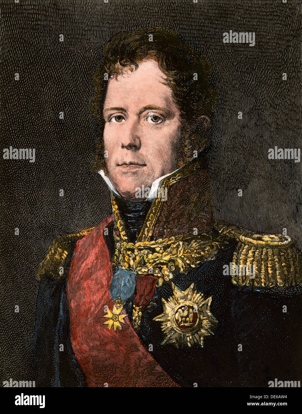 Il maresciallo Michel Ney, comandante di Napoleone la vecchia guardia a Waterloo. Colorate a mano la xilografia Foto Stock