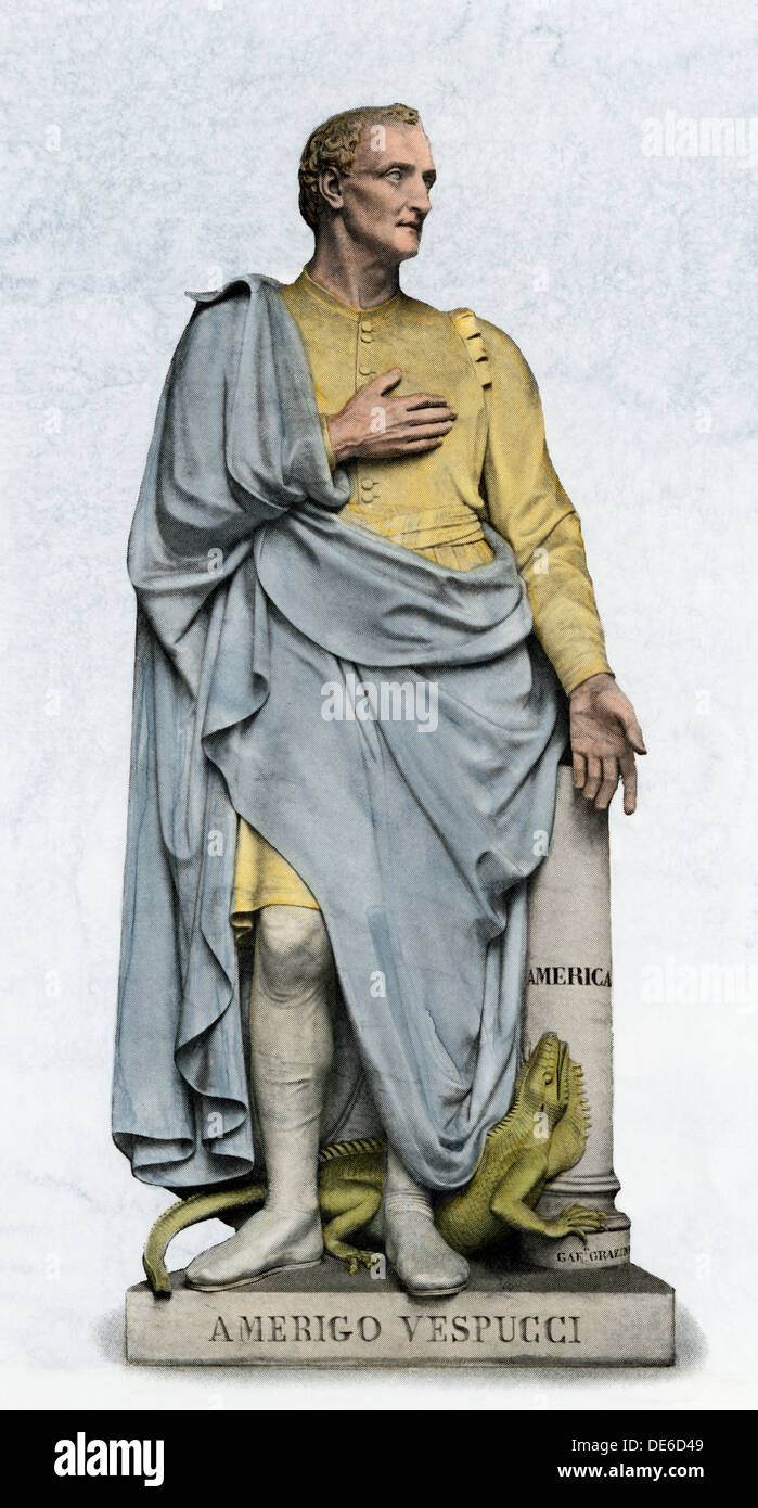 Amerigo Vespucci statua in Firenze, Italia. Colorate a mano la xilografia Foto Stock